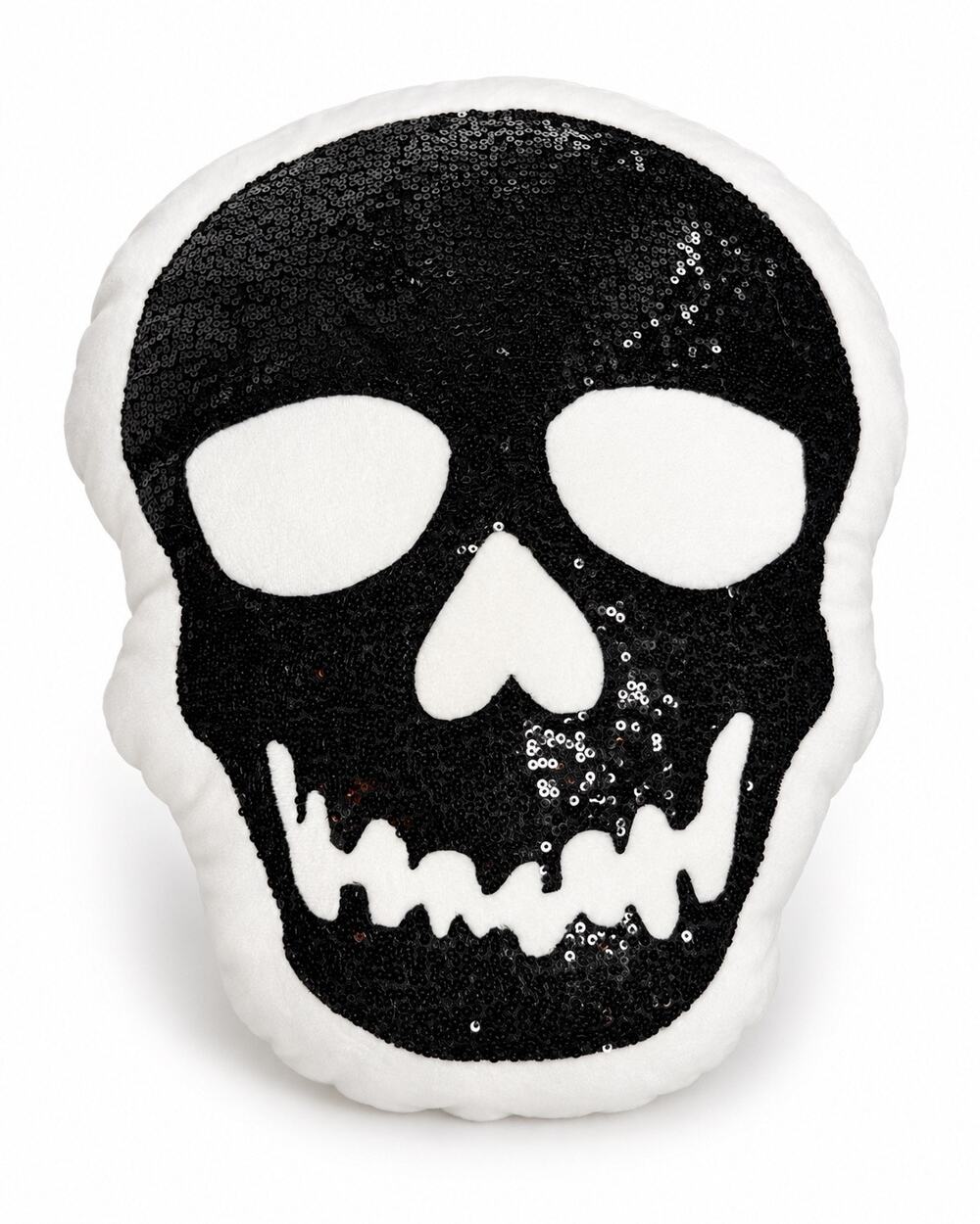 Halloween Skull Pillow Black Sequin White Plush Gothic Spooky Decor 16x12